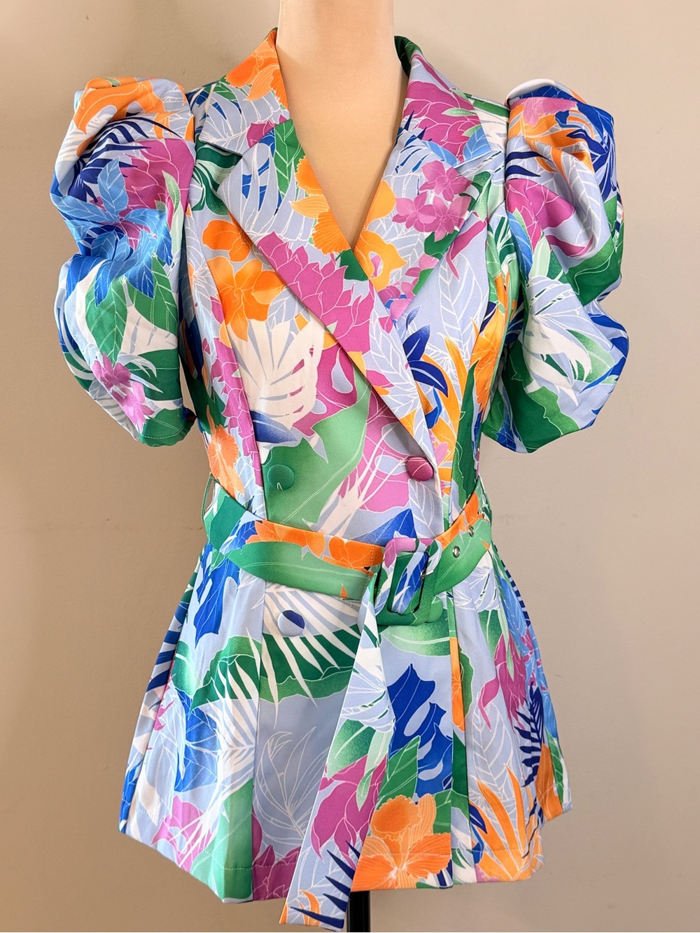 A Peach blazer jacket tropical floral vibrant colored SZ SM